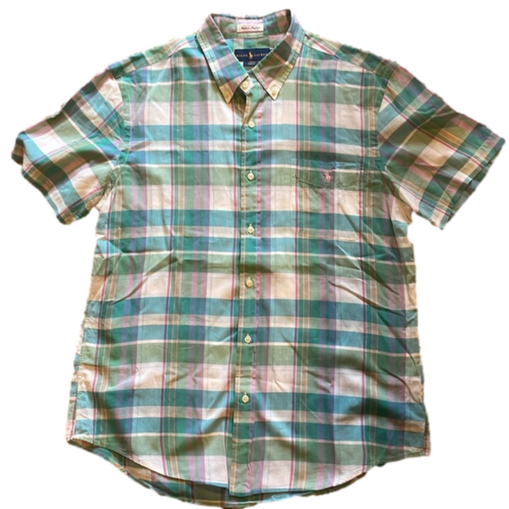 Ralph Lauren Short-Sleeve Plaid Button-Down in Green, Blue, Pink